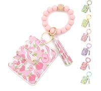 Women's Boho Beaded Wallet with Fruit Pattern, Silicone Bracelet, Floral-Patterned Folded-Edge ID Holder, Coin Purse (Peach 2)