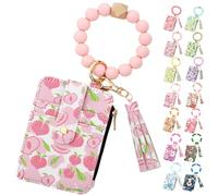 Women's Boho Beaded Wallet, Womens Boho Style Beaded and Tassel Wristlet Keychain Wallet with Floral Fruit Pattern (Peach)