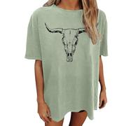 Women's Boho Bull Skull T-Shirt - Casual Top with Western and Floral Print | Summer V Neck Shirt for a Cool Look, Style_j03 Green, M