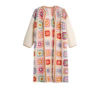 Women's Boho Cardigan Sweater Long Open Front Maxi Floral Cable Knitwear Hand Crochet Granny Square Thin Coat, Apricot, One size