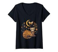 Women's Boho Celestial Ferret Moon Floral V-Neck T-Shirt