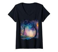 Womens Boho Chic Floral Galaxy Enchanted Forest Night Sky V-Neck T-Shirt