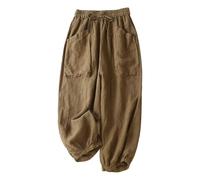 Women's Boho Cotton-Linen Harem Pants - Nine-Tenths Length Wide Leg Trousers with Oversized Pockets, Breathable Casual Palazzo Pants for Summer Comfort Coffee