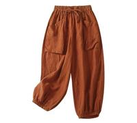 Women's Boho Cotton-Linen Harem Pants - Nine-Tenths Length Wide Leg Trousers with Oversized Pockets, Breathable Casual Palazzo Pants for Summer Comfort Orange
