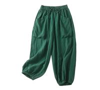 Women's Boho Cotton-Linen Harem Pants - Nine-Tenths Length Wide Leg Trousers with Oversized Pockets, Breathable Casual Palazzo Pants for Summer Comfort Green