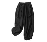 Women's Boho Cotton-Linen Harem Pants - Nine-Tenths Length Wide Leg Trousers with Oversized Pockets, Breathable Casual Palazzo Pants for Summer Comfort Black