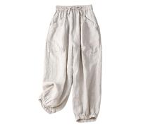 Women's Boho Cotton-Linen Harem Pants - Nine-Tenths Length Wide Leg Trousers with Oversized Pockets, Breathable Casual Palazzo Pants for Summer Comfort Beige