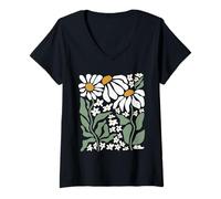 Women's Boho Daisy Flower Retro Floral Bontical Wildflower Plant Tee V-Neck T-Shirt