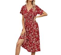 Women's Boho Dresses Summer UK Sale Clearance Loose Casual Midi Tunic Dress Floral Polka Dots Print V Neck Short Sleeve T Shirt Ruffle Dresses