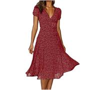 Women's Boho Dresses Summer UK Sale Clearance Loose Casual Midi Tunic Dress Floral Polka Dots Print V Neck Short Sleeve T Shirt Ruffle Dresses
