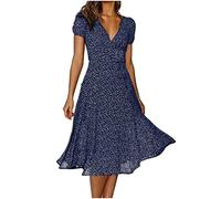 Women's Boho Dresses Summer UK Sale Clearance Loose Casual Midi Tunic Dress Floral Polka Dots Print V Neck Short Sleeve T Shirt Ruffle Dresses