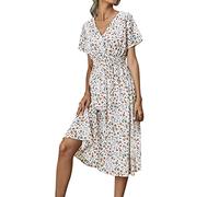Women's Boho Dresses Summer UK Sale Clearance Loose Casual Midi Tunic Dress Floral Polka Dots Print V Neck Short Sleeve T Shirt Ruffle Dresses