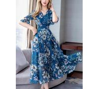 Womens Boho Dresses Summer V Neck Lotus Leaf Sleeve Flowy Swing Casual Floral Print Long Dress LYQ40