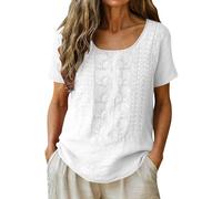 Women's Boho Embroidered Cotton Linen Tops 3/4 Short Sleeve V Neck Crewneck Tops Blouses Ethnic Retro Jacquard Pleated Flowy Hem Loose Fit Plus Size Summer Beach Vacation Office Wear White