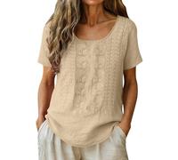 Women's Boho Embroidered Cotton Linen Tops 3/4 Short Sleeve V Neck Crewneck Tops Blouses Ethnic Retro Jacquard Pleated Flowy Hem Loose Fit Plus Size Summer Beach Vacation Office Wear Beige