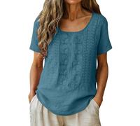 Women's Boho Embroidered Cotton Linen Tops 3/4 Short Sleeve V Neck Crewneck Tops Blouses Ethnic Retro Jacquard Pleated Flowy Hem Loose Fit Plus Size Summer Beach Vacation Office Wear Blue