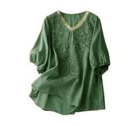 Womens Boho Embroidered Tee Top White Cotton Linen Tops for Women UK Ladeis Tunic Blouses Summer Short Sleeve Bohemian Shirts Cheesecloth Top Dressy Casual Work White Tops for Women UK (A5-Green, L)