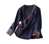 Womens Boho Embroidered Tee Top White Cotton Linen Tops for Women UK Ladeis Tunic Blouses Summer Short Sleeve Bohemian Shirts Cheesecloth Top Dressy Casual Work White Tops for Women UK (A7-Navy, XL)