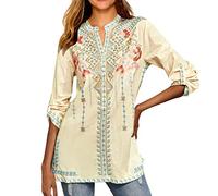 Women's Boho Embroidered Tops Long Sleeve Sleeves Bohemian Loose Tunic Blouses Boho Tunic Hippie Embroidered Flowers Loose T-Shirt Sleeve Puff Sleeves Button Stand Collar Stand Collar Chiffon Shirt