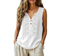 Women's Boho Embroidered Vest Tops V Neck Button Decor Cotton Linen Tank Top Ladies Casual Loose Summer Flowy Blouse Ladies Elegant Gauze Shirt for Holiday Party Beach Streetwear White