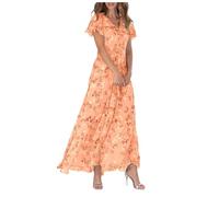 Women's Boho Floral Chiffon Maxi Dress Ladies V-Neck Short Ruffle Sleeve High Waisted Flared Flowy Swing Beach Sundress Elegant Summer Holiday Evening Party Wedding Guest Outfit (Orange, XL)