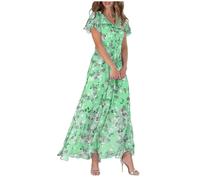 Women's Boho Floral Chiffon Maxi Dress Ladies V-Neck Short Ruffle Sleeve High Waisted Flared Flowy Swing Beach Sundress Elegant Summer Holiday Evening Party Wedding Guest Outfit