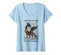 Womens Boho Floral Dragon Ljubljana Slovenia City of Dragons V-Neck T-Shirt