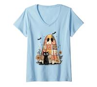 Womens Boho Floral Halloween Denim Patch Print Black Cat Ghost V-Neck T-Shirt