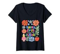 Womens Boho Floral Happy First Day of School Preschool Teacher Girl V-Neck T-Shirt