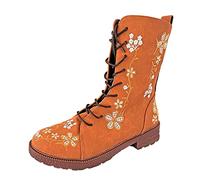 Womens Boho Floral Pattern Boots Lace Up Suede Mid Tube Knight Boot Ladies Flat Heel Hardwearing Sole Boots Orange