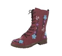 Womens Boho Floral Pattern Boots Lace Up Suede Mid Tube Knight Boot Ladies Flat Heel Hardwearing Sole Boots Red