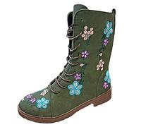 Womens Boho Floral Pattern Boots Lace Up Suede Mid Tube Knight Boot Ladies Flat Heel Hardwearing Sole Boots Green