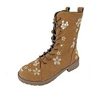 Womens Boho Floral Pattern Boots Lace Up Suede Mid Tube Knight Boot Ladies Flat Heel Hardwearing Sole Boots Khaki