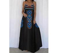 Women's Boho Floral Print Spaghetti Strap V Neck Loose Flowy Maxi Dress | Lightweight Breathable Soft Fabric Ethnic Central Floral Panel Print Loose Swing Cut