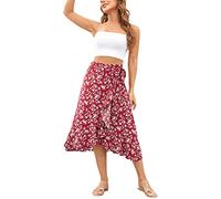 Women's Boho Floral Print Wrap Front Self Tie Knot Ruffle Hem Split Midi Skirt High Low Split Summer Beach Long Dress (Wine Red, S)