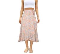 Women's Boho Floral Printed Midi Skirts Self Tie Knot High-Low Ruffle Hem Wrap Skirt Elastic Waist Swing Maxi Dresses (z-Apricot, L)