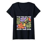 Womens Boho Floral Teacher Teach Them Love Them Watch Them Grow V-Neck T-Shirt