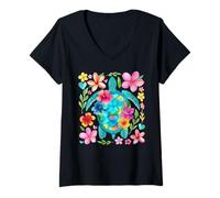 Womens Boho Floral Turtle Save The Sea Turtle Ocean Animals V-Neck T-Shirt