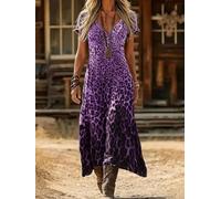Women's Boho Flowy Maxi Dress, V Neck Short Sleeve Leopard Casual Dress | Summer vacation outfits, relaxed cut, swing hem,western vibe, daily travel, countryside stroll, town visit