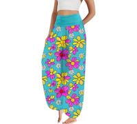 Women's Boho Harem Pants Ethnic Printed Loose Stretchy Lounge Trousers High Elasticated Waist Casual Baggy Palazzo Bottoms Summer Hippie Style Wide Leg Yoga Joggers Beach 27-Blue XXL