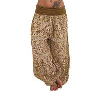 Women's Boho Harem Pants, HIGH-Waisted Loose FIT Yoga Trousers, Elastic Waist Hippie Lounge Pants, Comfortable Baggy Elephant Print Trousers, Perfect for Travel, Yoga, and Casual WEAR Khaki