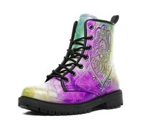 Women's Boho Leather Combat Boots Lace-Up Ankle Booties with Mandala, Floral, Abstract Patterns for Comfort Everyday Wear