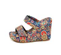 Women's Boho Mandala Dual-Strap Wedge Mules, Open Toe Slip-On Sandals