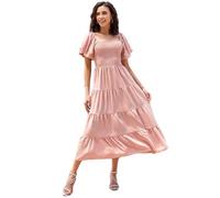 Womens Boho Maxi Dress Puff Short Sleeve Square Neck Smocked Tiered Ruffle Flowy Beach Long Dresses, Pink, M