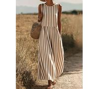 Women's Boho Maxi Dress, Stripe Print Round Neck Sleeveless Beach Vacation | Empire seam, side pockets, flowy skirt, drop waist, relaxed fit, bridal shower, birthday party, outdoor picnic, summer dress