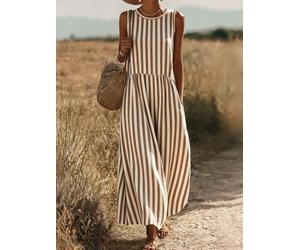 Women's Boho Maxi Dress, Stripe Print Round Neck Sleeveless Beach Vacation | Empire seam, side pockets, flowy skirt, drop waist, relaxed fit, bridal shower, birthday party, outdoor picnic, summer dress