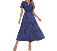 Womens Boho Maxi Dresses Summer Short Sleeve V Neck Casual Flowy Swing A-Line Long Beach Dress Elastic Waist Pleated Dress Ladies Elegant Bohemian Loose Vacation Dresses for Party Night Out Navy