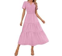 Womens Boho Maxi Dresses Summer Short Sleeve V Neck Casual Flowy Swing A-Line Long Beach Dress Elastic Waist Pleated Dress Ladies Elegant Bohemian Loose Vacation Dresses for Party Night Out Pink