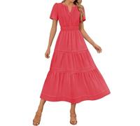 Womens Boho Maxi Dresses Summer Short Sleeve V Neck Casual Flowy Swing A-Line Long Beach Dress Elastic Waist Pleated Dress Ladies Elegant Bohemian Loose Vacation Dresses for Party Night Out Red