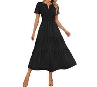 Womens Boho Maxi Dresses Summer Short Sleeve V Neck Casual Flowy Swing A-Line Long Beach Dress Elastic Waist Pleated Dress Ladies Elegant Bohemian Loose Vacation Dresses for Party Night Out Black